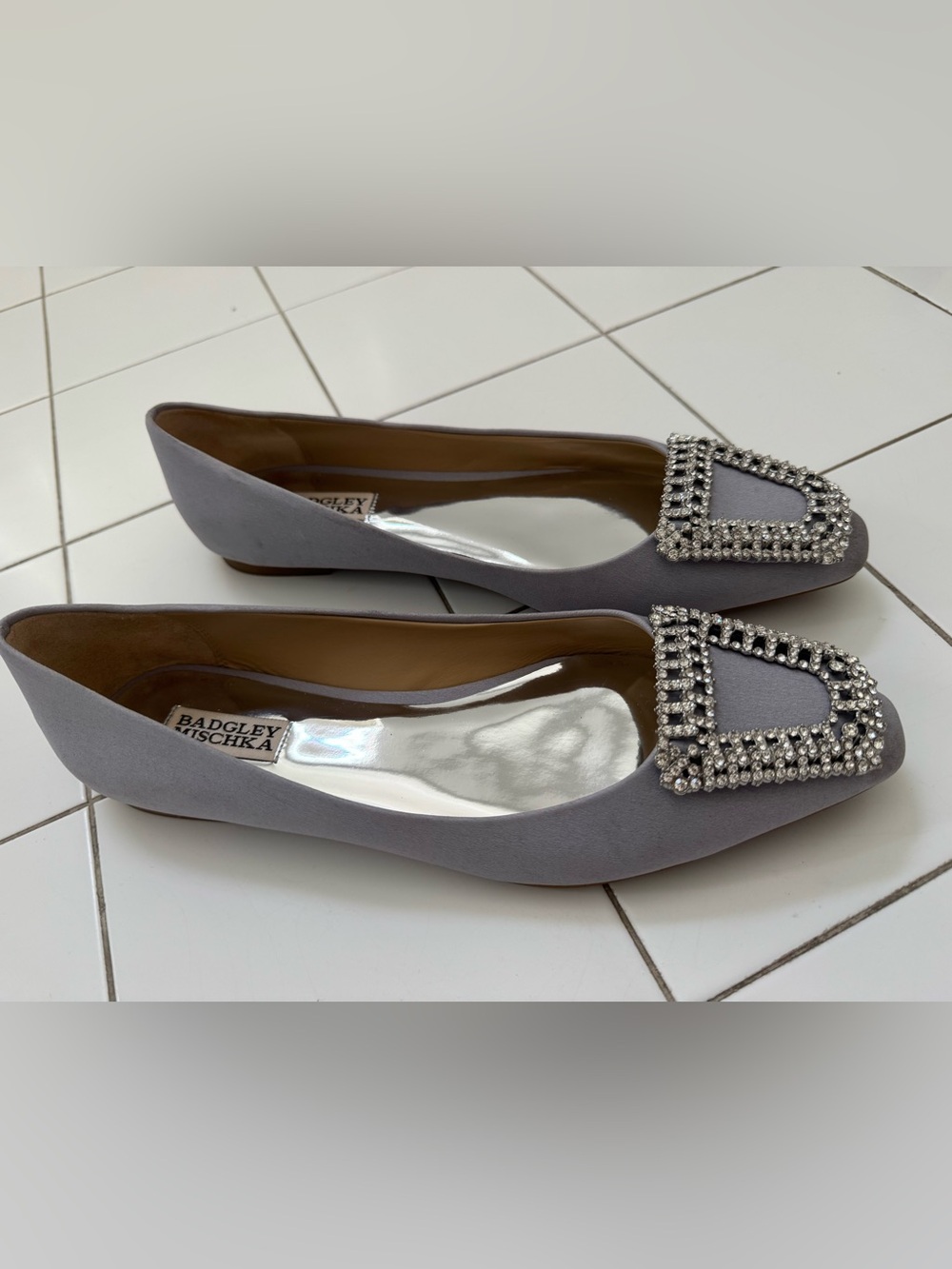 Badgley Mischka Emerie Light Gray Crystal-Embellished Flats